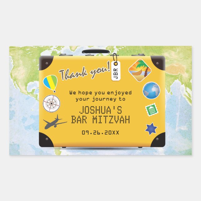 Pegatina Rectangular Suitcase World Travel Them Bar Bat Mitzvah (Anverso)