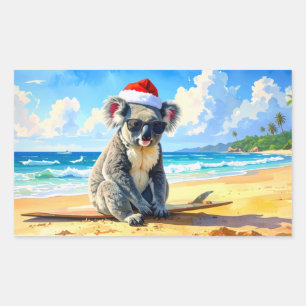 Pegatina Rectangular Sun y Surf Koala Santa Hat Un Navidad australiano