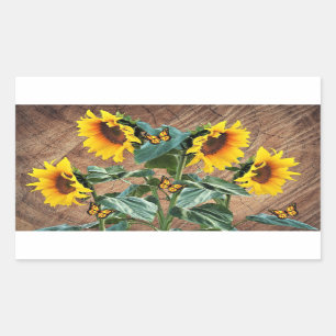 Pegatina Rectangular Sunflowers Butterflies Rustic Barn Board