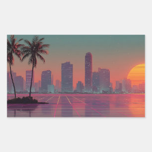 Pegatina Rectangular Sunset retro de ciudades de onda sintética