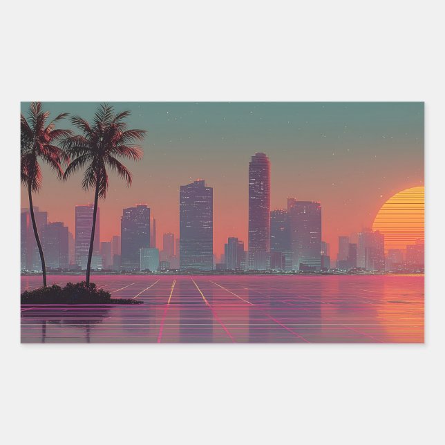 Pegatina Rectangular Sunset retro de ciudades de onda sintética (Anverso)