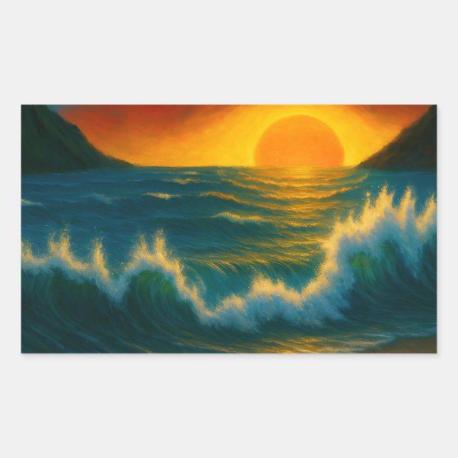 Pegatina Rectangular Sunset Surf – Bold Ocean Wave Art Sticker (Anverso)