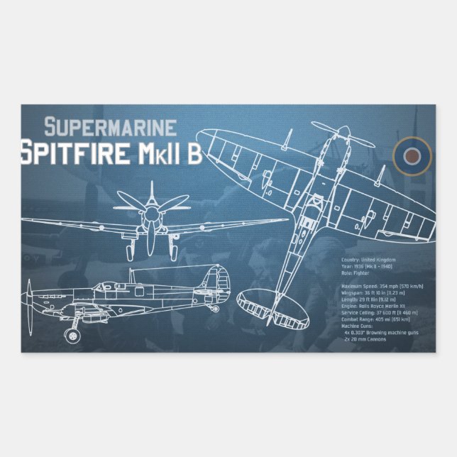 Pegatina Rectangular Supermarine Spitfire MK II Blueprint (Anverso)