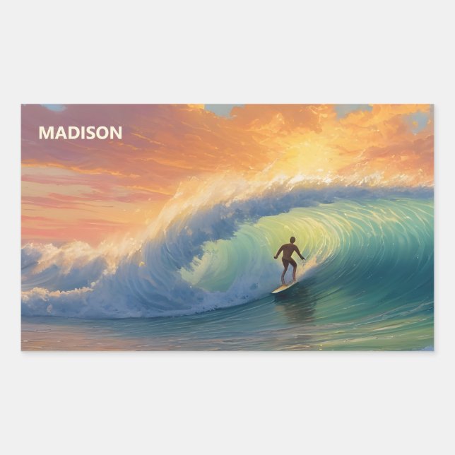 Pegatina Rectangular Surfing de nombre personalizado (Anverso)