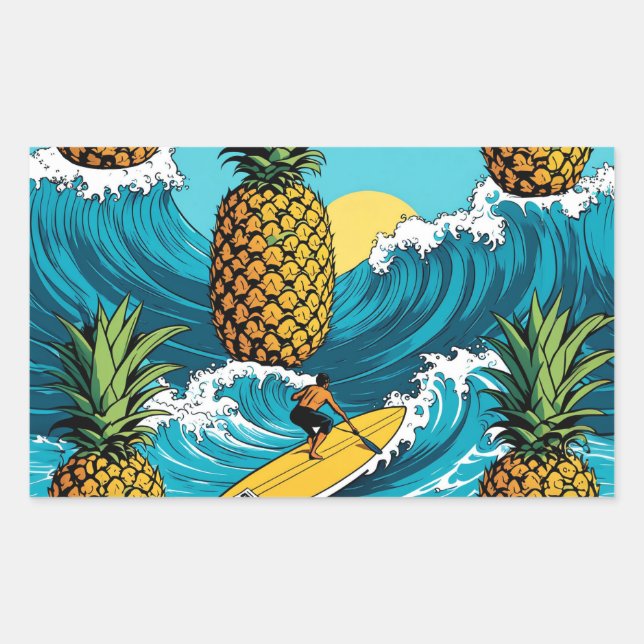 Pegatina Rectangular Surfista de piña: Aventura tropical de verano (Anverso)