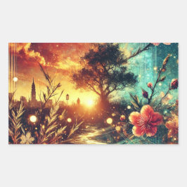 Pegatina Rectangular Surreal Sunset and Floral Skyline Artwork