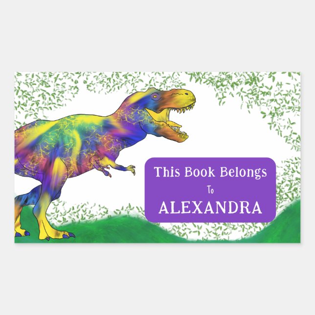 Pegatina Rectangular T Rex Este Libro Pertenece A Nombre Del Niño (Anverso)