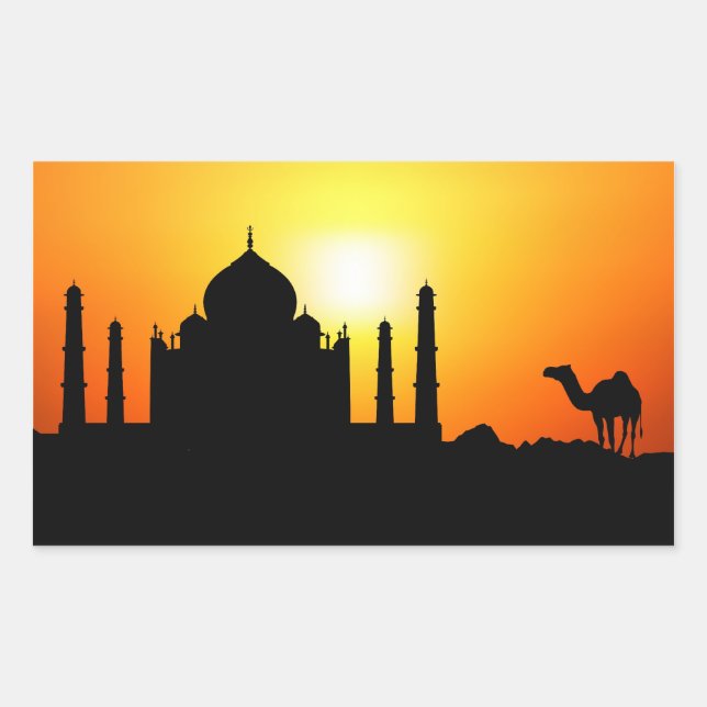 Pegatina Rectangular Taj Mahal y Camel En Fondo De La Puesta Del Sol (Anverso)