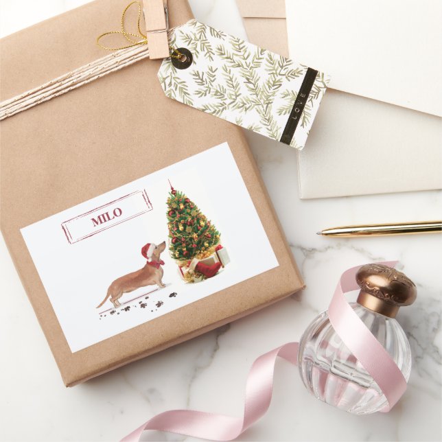 Pegatina Rectangular Tan Dachshund graciosos Navidades perro con árbol (Regalar)