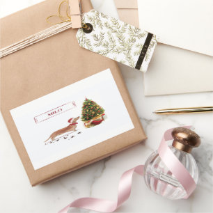 Pegatina Rectangular Tan Dachshund graciosos Navidades perro con árbol