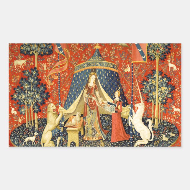 Pegatina Rectangular Tapestries de Unicorn Lady Legend Medieval (Anverso)