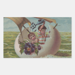 Pegatina Rectangular Tarjeta antigua de Pascua Niños de huevo navegando