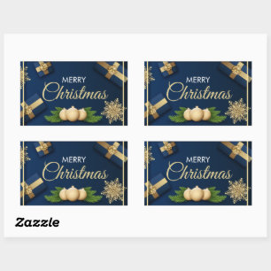 Pegatina Rectangular Tarjeta de Navidades Golden Snowflakes, Feliz Navi
