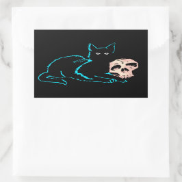 Pegatina Rectangular Tarjeta en blanco de Halloween para gato y cráneo 