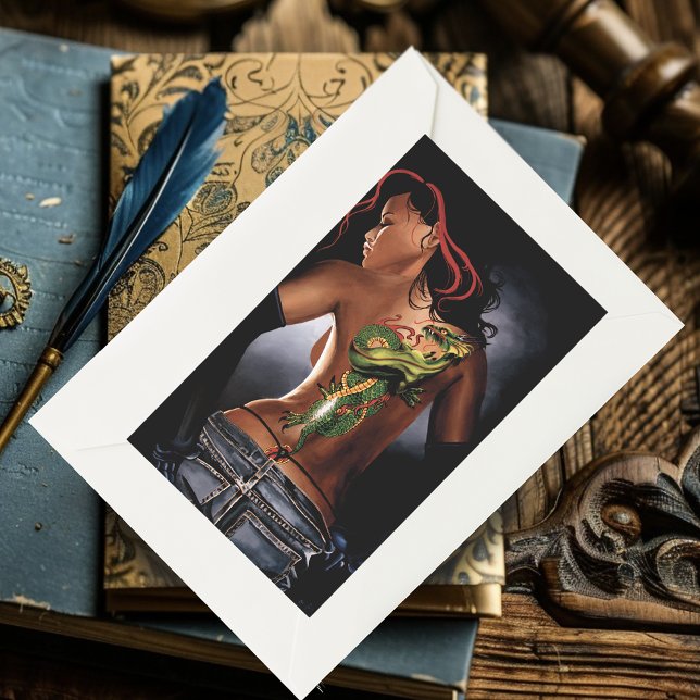 Pegatina Rectangular Tatuaje de mujer dragón de fantasía en negrita (Subido por el creador)