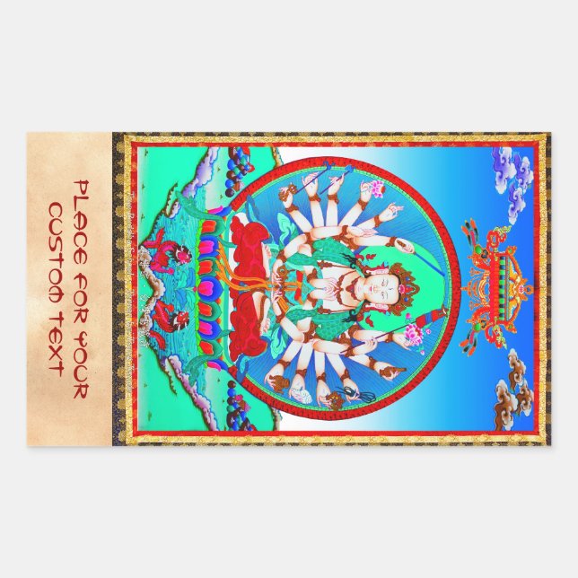 Pegatina Rectangular Tatuaje tibetano de thangka de Guay Cundhi Bodhisa (Anverso)