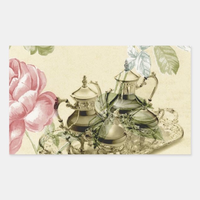 Pegatina Rectangular Teacup Teapot Paris Tea Fiesta (Anverso)