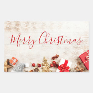 Pegatina Rectangular Temas de navidades en una pizarra de madera rústic
