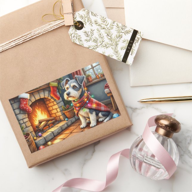 Pegatina Rectangular Terrier Checo Chimenea con Luces de Navidad (Regalar)