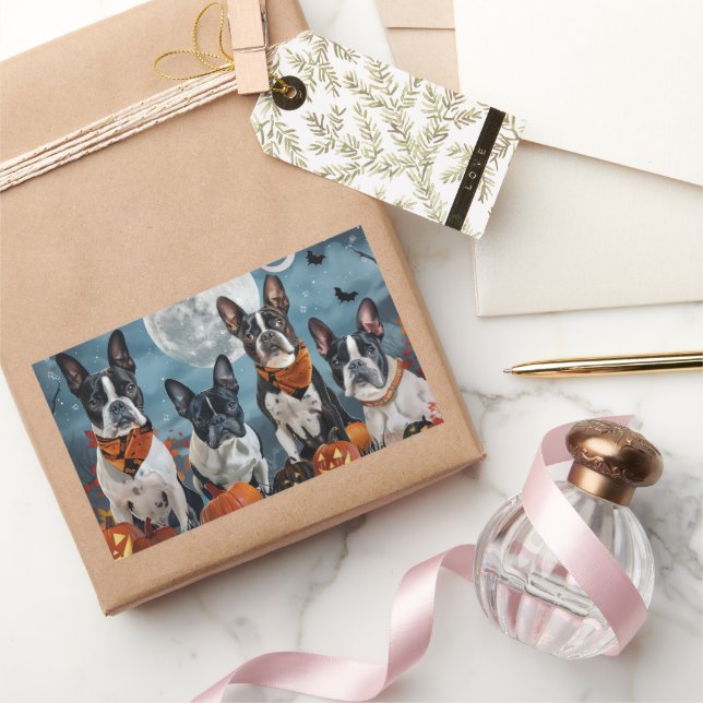 Pegatina Rectangular terrier de Boston Halloween espeluznante (Regalar)