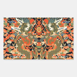 Pegatina Rectangular Textil con estampado de dragón chino vintage Arte