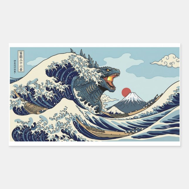 Pegatina Rectangular The Great Kaiju Wave - Epic Hokusai Monster Parody (Anverso)