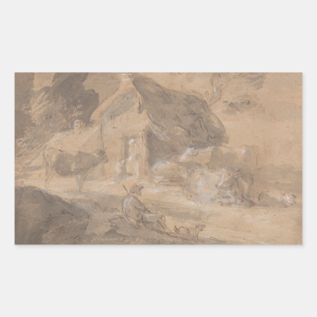 Pegatina Rectangular Thomas Gainsborough - Paisaje abierto con figuras (Anverso)