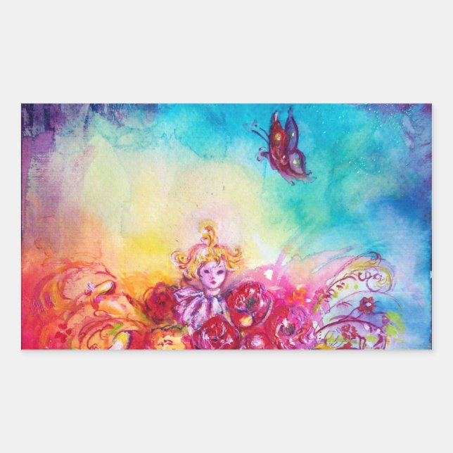 PEGATINA RECTANGULAR THUMBELINA, BAÑERA DE FLORES Y MARIPOSA (Anverso)