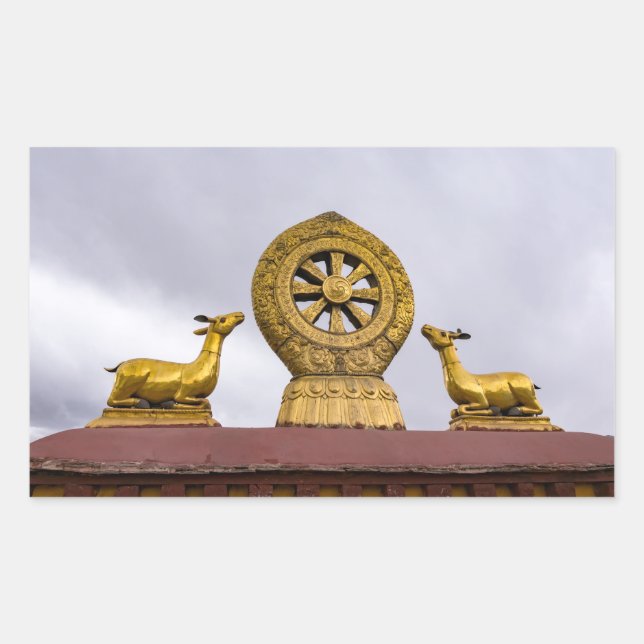 Pegatina Rectangular Tíbet, Lhasa - Rueda Dharma en el templo Jokhang (Anverso)