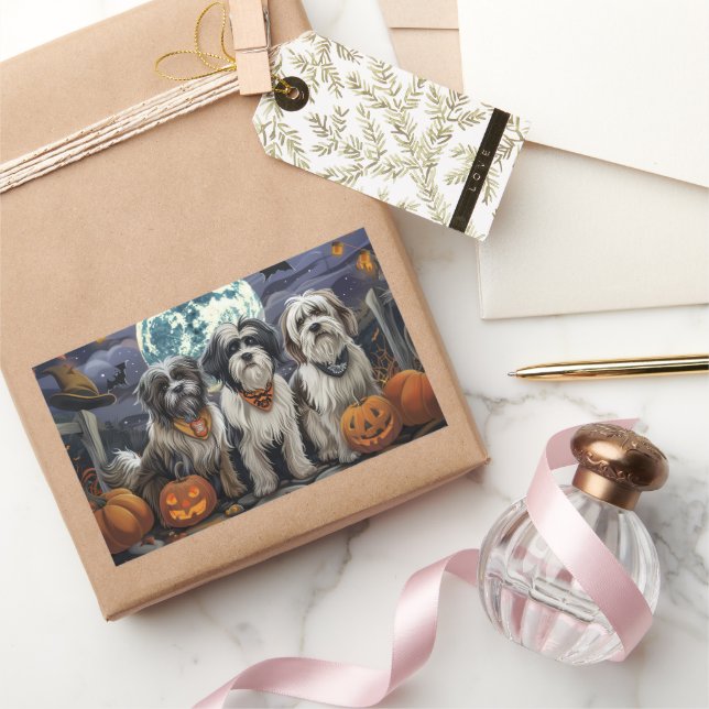 Pegatina Rectangular Tibetan Terrier Halloween Espeluznante (Regalar)
