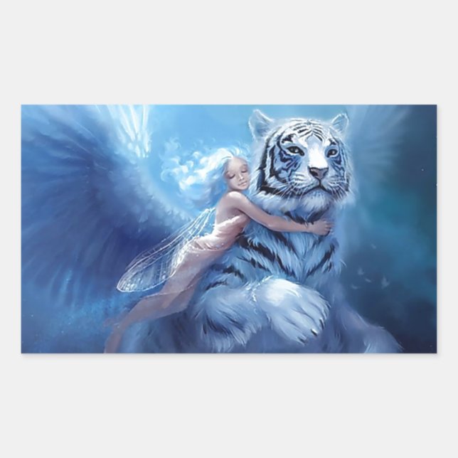 Pegatina Rectangular Tigre blanco que vuela con ángel (Anverso)
