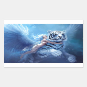 Pegatina Rectangular Tigre blanco que vuela con ángel