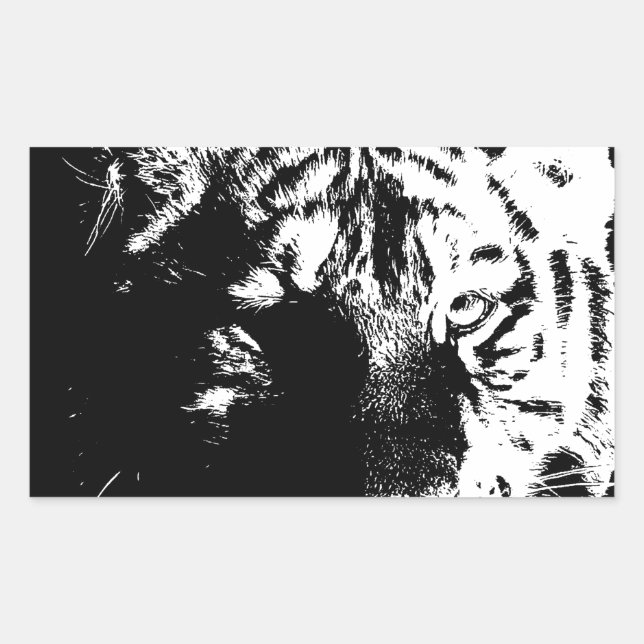 Pegatina Rectangular Tigre de arte pop blanco y negro (Anverso)