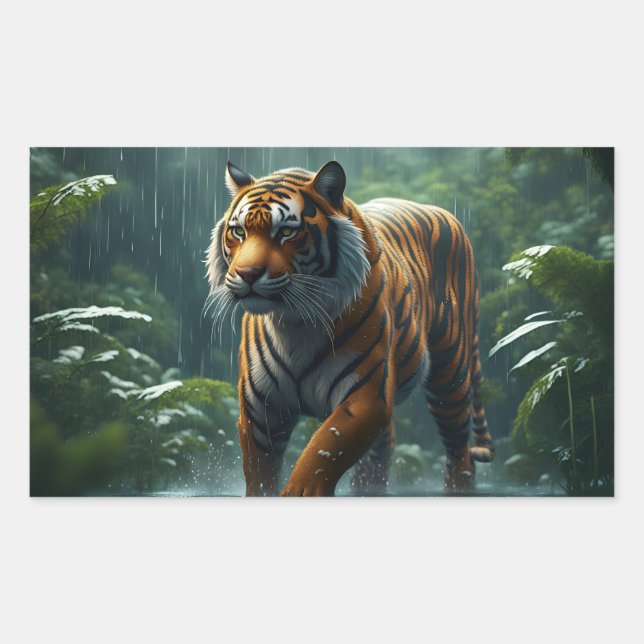 Pegatina Rectangular Tigre En Jungla Lluviosa (Anverso)