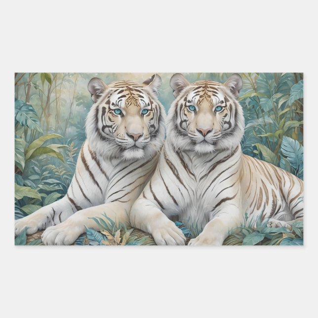 Pegatina Rectangular Tigres dorados pálidos en una selva verde azul (Anverso)