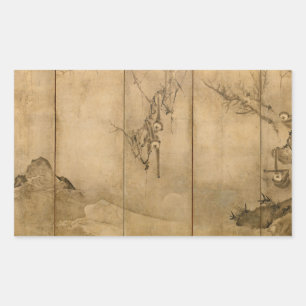 Pegatina Rectangular Tinta japonesa en papel Gibbons Primates y paisaje