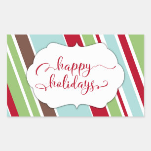 Pegatina Rectangular Tipografía de Felices Fiestas con Rayas Diagonales
