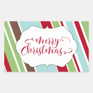 Pegatina Rectangular Tipografía de Feliz Navidad Roja con Rayas Diagona