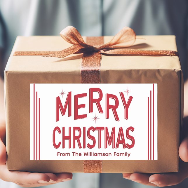 Pegatina Rectangular Tipografía Retro Navidades Alegres Rojo  (Modern Retro Red Merry Christmas sticker label. Attach to gifts, food wrapping, envelopes and more. )