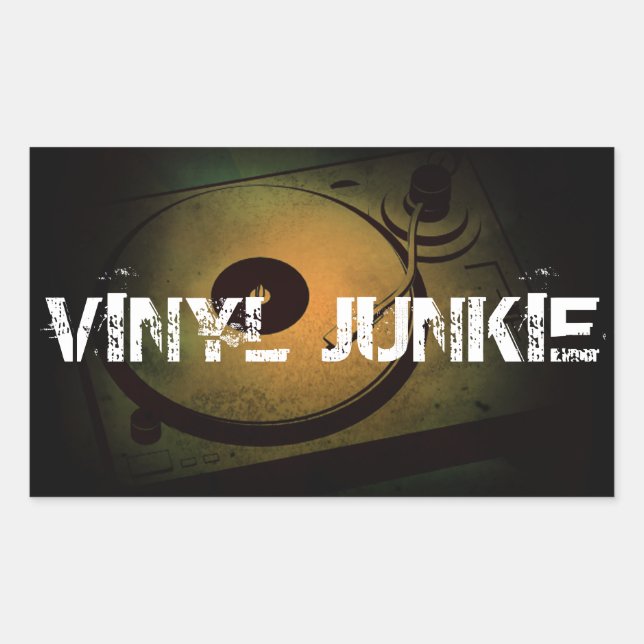 Pegatina Rectangular Toca discos retro antiguo Vinyl Junkie (Anverso)