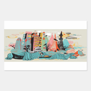 Pegatina Rectangular Tokio dibujada mano Japón