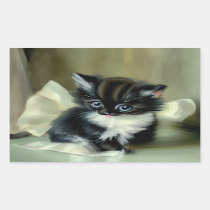 Pegatina Rectangular Tonga de gatito blanco y negro vintage