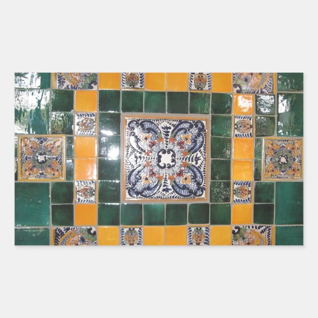 Pegatina Rectangular Trabajo en mosaico estilo Talavera verde mexicana (Anverso)