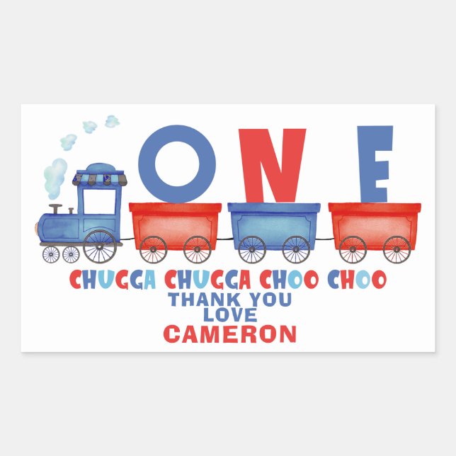 Pegatina Rectangular Tren Chugga Chugga Azul Rojo Primer cumpleaños (Anverso)