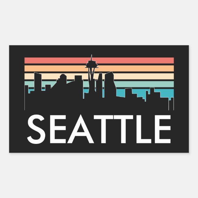 Pegatina Rectangular Trendy Seattle Washington Retro Sunset Skyline (Anverso)