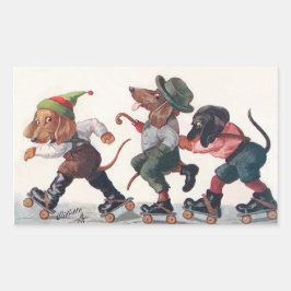 Pegatina Rectangular Tres Dachshunds patinadores - un animal divertido
