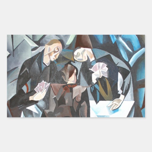 Pegatina Rectangular Tres Hombres Jugando Cartas De Arte Geométrico Des (Anverso)