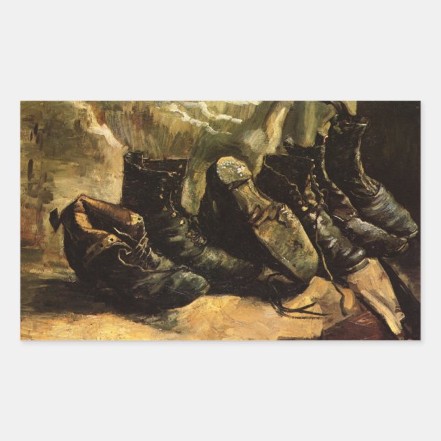 Pegatina Rectangular Tres pares de zapatos por Vincent van Gogh (Anverso)