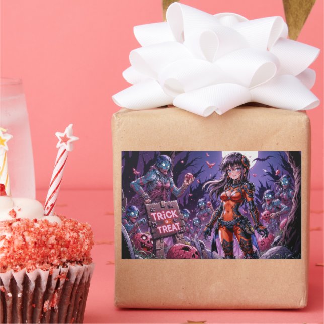 Pegatina Rectangular Trick o Treat Halloween Zombis con el cerebro (Fiesta)