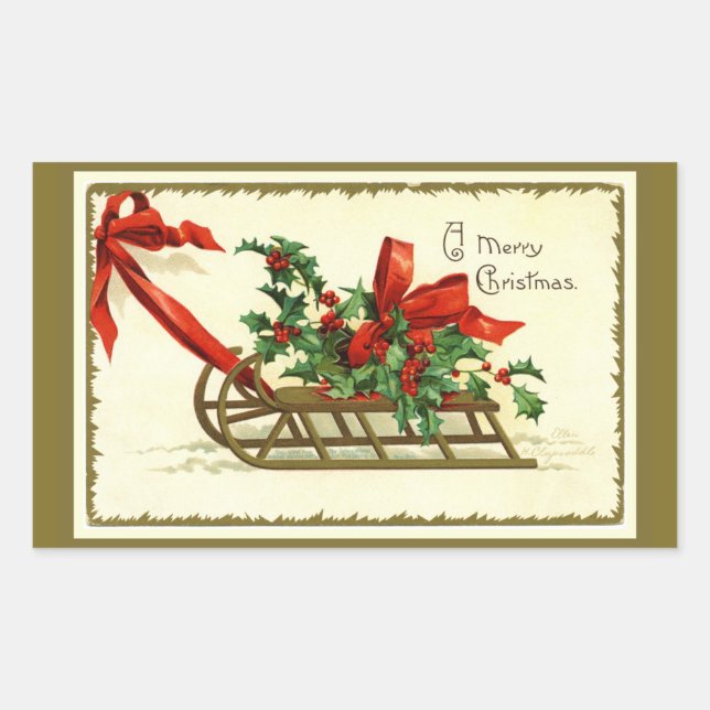 Pegatina Rectangular Trineo Dorado Navideño Vintage (Anverso)